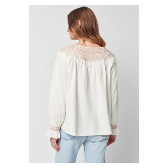 Faherty White Organic Cotton Laura Embroidered Smock Neck Blouse Sz.M NWT - Picture 5 of 16